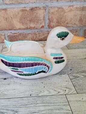 Vintage Art Deco Ceramic Duck Planter – Mid-Century Modern Geometric Hand-Painte